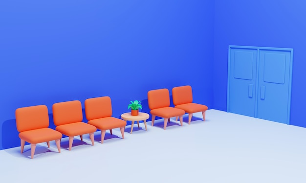 Interior do conceito de sala de espera em azul, renderização em 3d