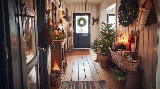 Interior do corredor da fazenda escandinava com decoração de Natal Generative Ai