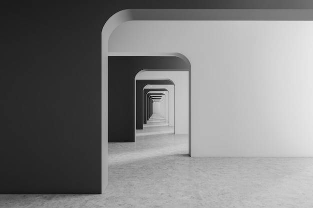 Interior do corredor vazio com paredes cinza e brancas e portas em arco. Conceito de design de interiores. renderização 3D