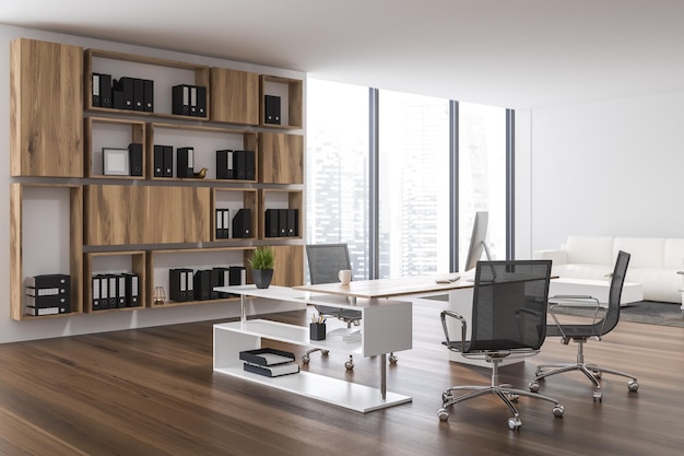 Interior do escritório ceo com paredes brancas, piso de madeira escura, mesa de computador branca e de madeira e prateleiras de madeira com pastas. Sofá branco perto da mesa de centro. renderização 3D