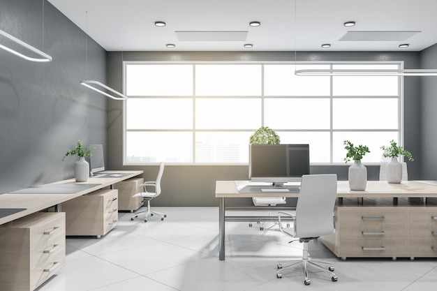 Interior do escritório corporativo com janela panorâmica e móveis e equipamentos de exibição de cidade durante o dia brilhante Renderização em 3D