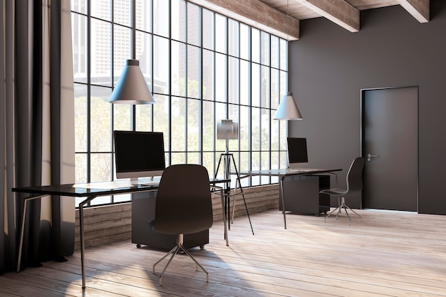 Interior do escritório de estúdio leve com janela e piso de madeira de vista da cidade móveis e equipamentos de luz do dia Renderização em 3D