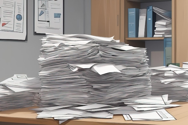 interior do escritório de uma grande pilha de documentos e uma pilha de papel 3 d renderização backgroundoffice em