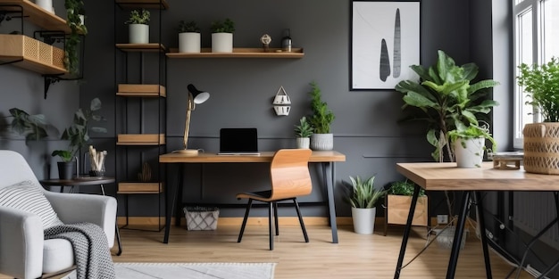 Interior do escritório doméstico com vasos de plantas em cinza e madeira Generative AI AIG18