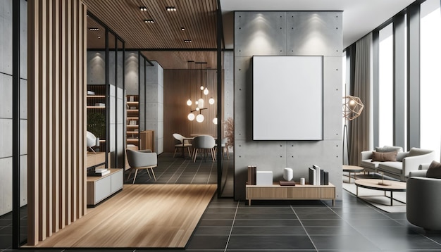 Interior do escritório moderno com paredes de madeira, piso de azulejos, janela panorâmica com paisagem urbana embaçada e cartaz simulado IA generativa