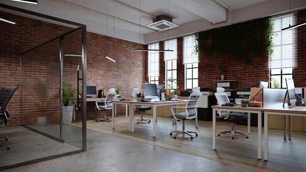 Interior do escritório puro com renderização 3d de piso de tijolo e concreto