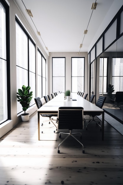 Interior do espaço de escritório com mesa de janelas e cadeiras criadas usando tecnologia generativa de IA