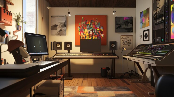 Foto interior do estúdio de música com equipamentos e equipamentos ilustração de renderização 3d