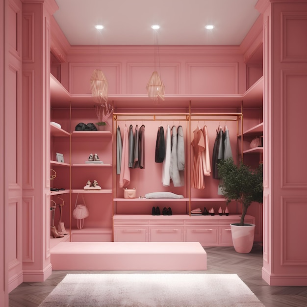 Interior do guarda-roupa em cores rosa em casa moderna