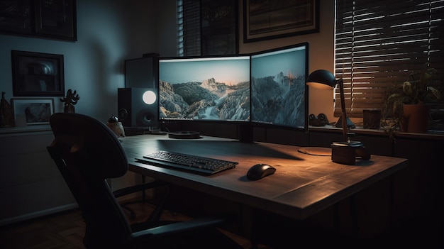 Interior do local de trabalho do escritório doméstico Mesa e monitores Espaço moderno gerado por IA