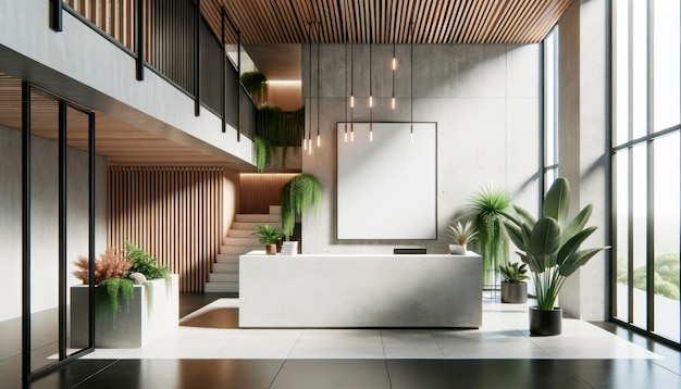 Interior do moderno hall de recepção do hotel com paredes brancas e de madeira, piso de azulejos, confortável mesa de recepção branca com cartaz vertical simulado Generative AI