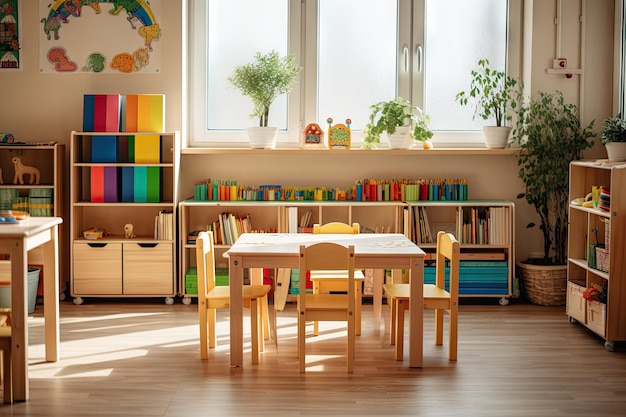 Foto interior do moderno quarto infantil com tenda de brincar e mesa de jogos para brincar na sala de aula da escola primária