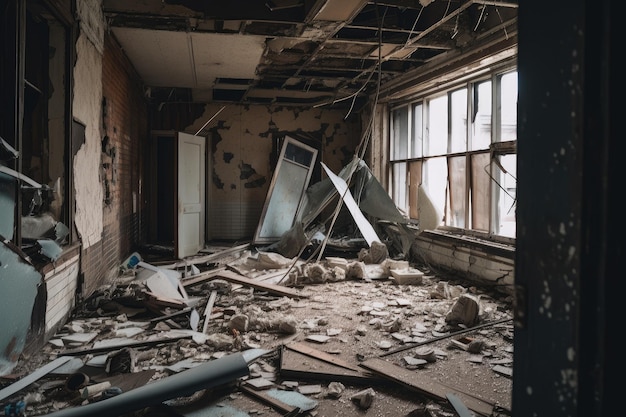Interior do prédio abandonado com janelas quebradas e detritos espalhados no chão