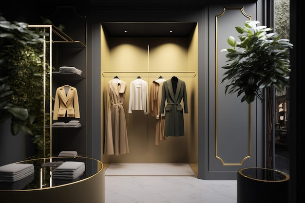 Interior do quarto boutique de vestir moderno com piso de concreto de paredes pretas e douradas