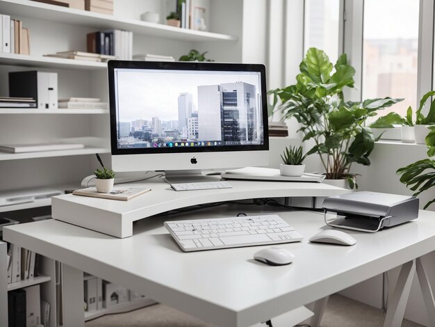 Interior do quarto com assento de secretária e computador na mesa