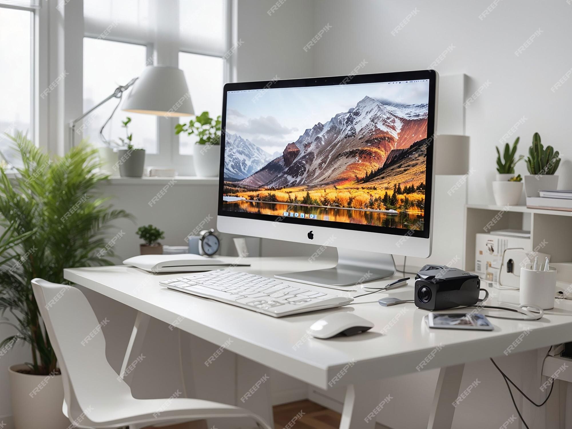 Interior do quarto com assento de secretária e computador na mesa