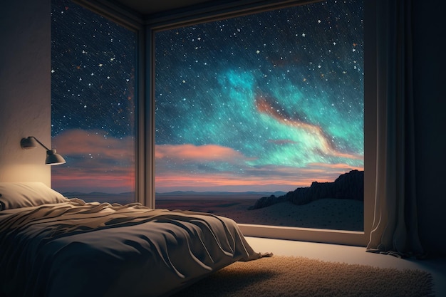 Interior do quarto com grande janela de vidro com vista para a Via Láctea e estrelas AI