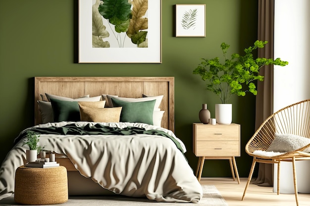 Interior do quarto com parede verde e ilustração de IA generativa de móveis de madeira