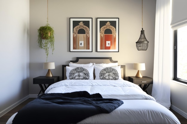 Interior do quarto com planta de pinturas de cama e lâmpadas criadas usando tecnologia generativa de IA