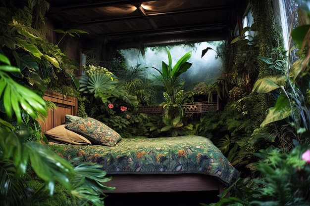 Interior do quarto com plantas fantásticas e selva dentro de Travel Dreams Generative AI