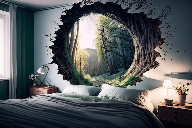 Interior do quarto com uma fantástica entrada de floresta através da parede Fantasias de viagem com sono Ilustração generativa de IA