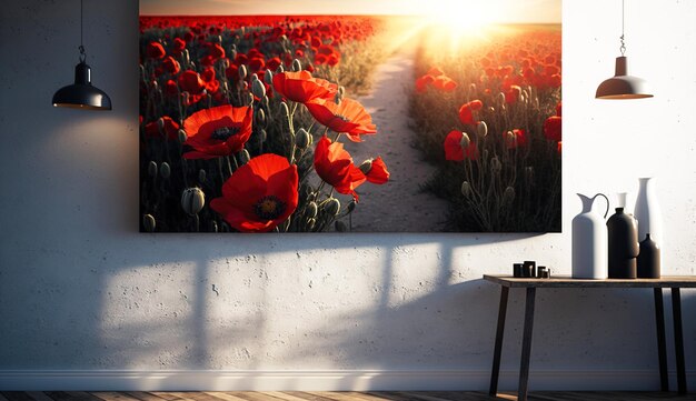 Foto interior do quarto com uma imagem de um campo de papoulas na parede gerada pela ia