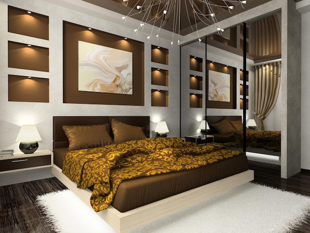 Interior do quarto confortável na cor marrom