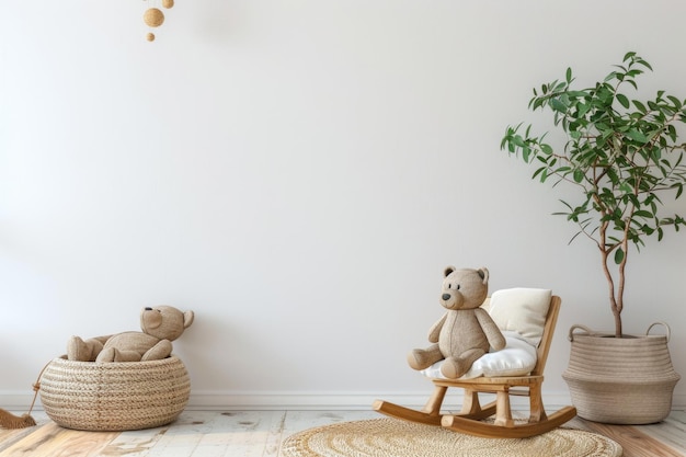 Foto interior do quarto da criança com cesta de pouf de brinquedo de urso de cavalo balançante