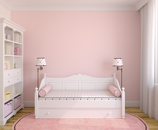 Foto interior do quarto da criança com móveis brancos e parede rosa