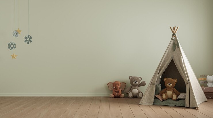 Foto interior do quarto das crianças em cores pastel em estilo minimalista moderno espaço de cópia modelo de renderização 3d