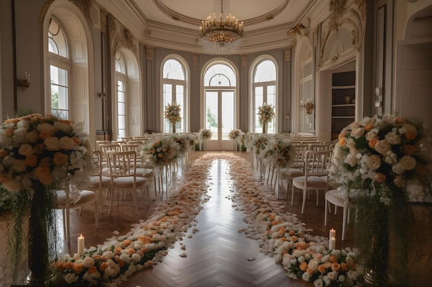 interior do quarto de casamento com decoração dominante branca salão de eventos de casamento generativo ai