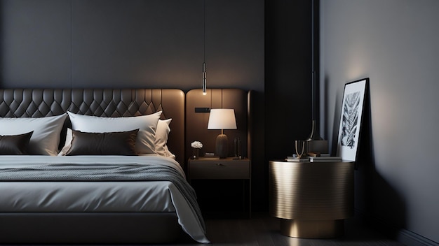 Interior do quarto de luxo com paredes pretas piso de madeira cama king size marrom com duas mesas de cabeceira e lâmpadas