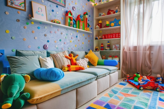 Interior do quarto do bebê com brinquedos e móveis elegantes