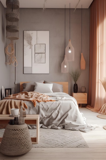 Interior do quarto estilo Boho com cama moderna Conteúdo generativo de IA