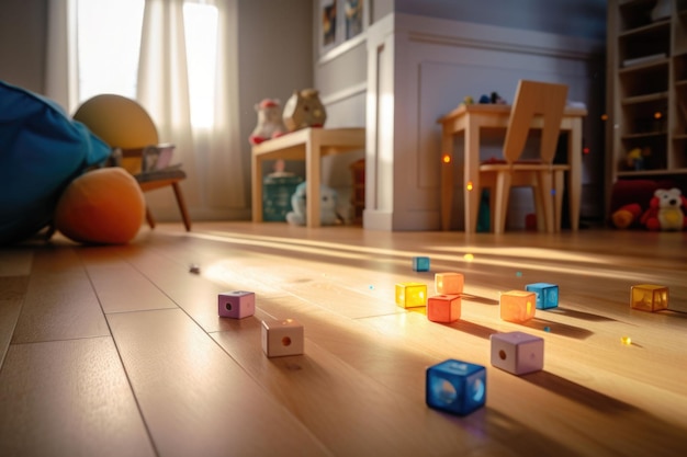 Interior do quarto infantil com brinquedos no chão de madeira Sala de jogos com brinquedos coloridos de plástico Ilustração generativa de IA