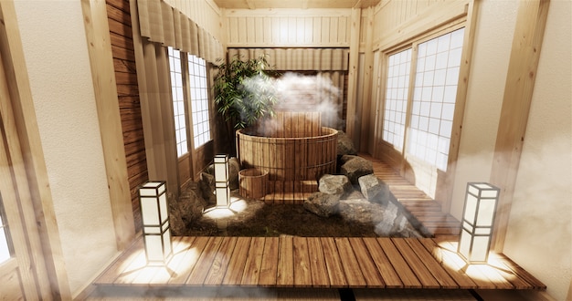 Interior do quarto Onsen com banheira de madeira e decoração em estilo japonês de madeira