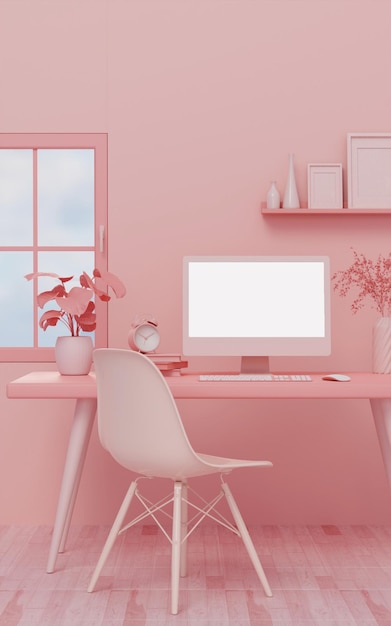 Interior do quarto rosa com simulação de computador PC com ilustração de renderização 3d de tela branca em branco