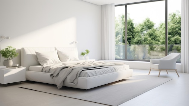 Interior do quarto scandi minimalista branco em villa de luxo ou hotel Grande cama confortável poltrona moderna plantas de casa janelas panorâmicas com vista para a floresta Ecodesign Mockup renderização 3D