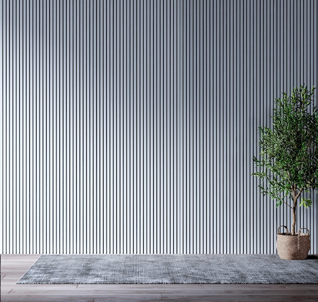 interior do quarto vazio com painel de madeira branco e piso de madeira com paisagem branca de plantas internas