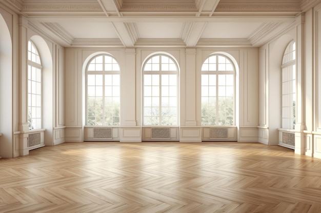 Interior do quarto vazio com piso de madeira com claraboia clara e suave da janela Ai Generative