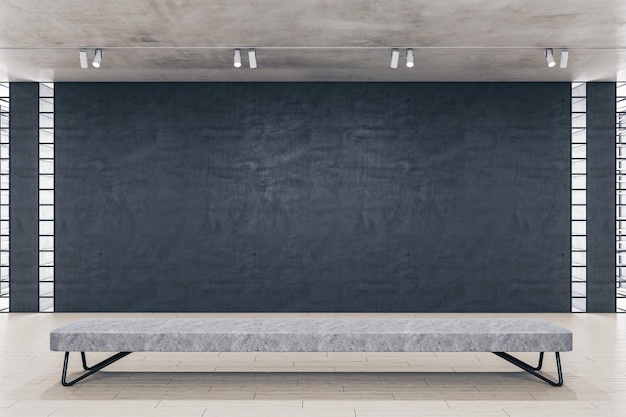 Interior do salão de exposições moderno com copyspace na parede preta de concreto