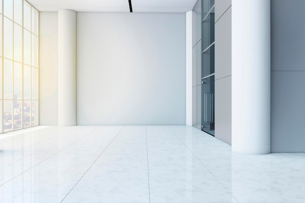Interior do salão do centro de negócios de concreto branco moderno com lugar de simulação vazio nas janelas da parede e vista da cidade brilhante Renderização em 3D
