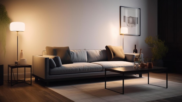 Interior do sofá moderno e aconchegante da sala de estar com almofadas planta de mesa de centro em um vaso de chão
