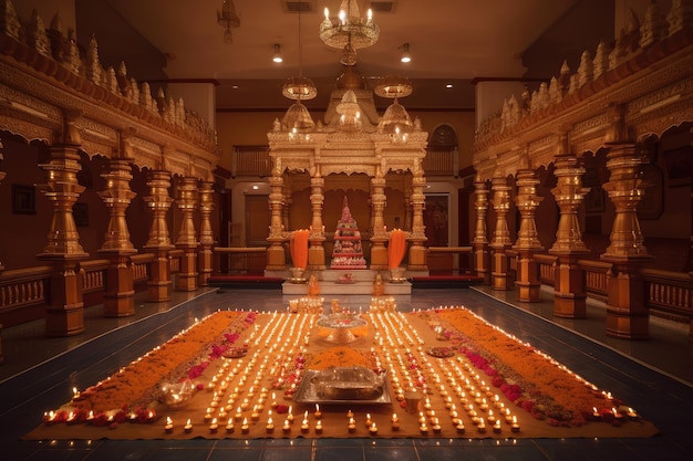 Interior do templo hindu com fileiras de velas e tigelas de oferenda que revestem o altar