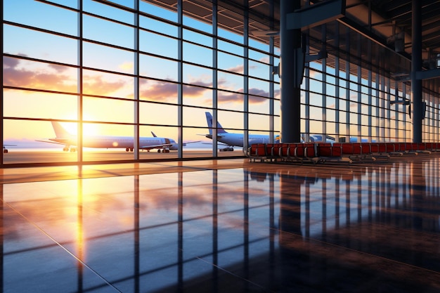 Interior do terminal do aeroporto com reflexo do céu pôr do sol e avião