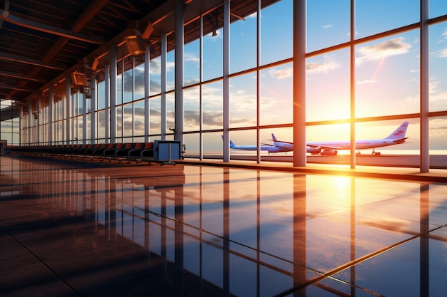 Foto interior do terminal do aeroporto com reflexo do céu pôr do sol e avião