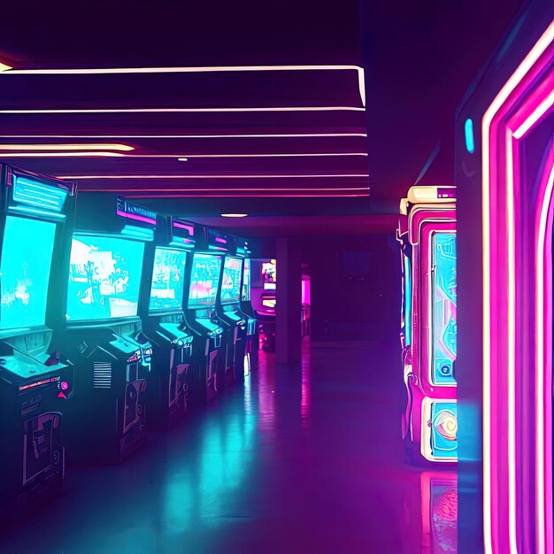 Interior do Video Arcade com luz neon com IA generativa