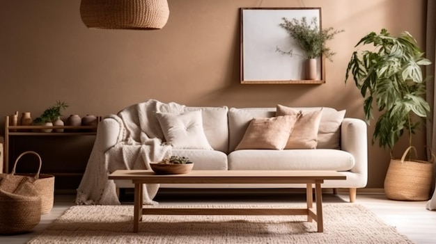 Interior doméstico y acogedor de la sala de estar con sofá beige, estante para plantas, mesa de centro, alfombra boucle, marco de póster, mesa auxiliar, planta y decoración elegante, pared beige, IA generativa
