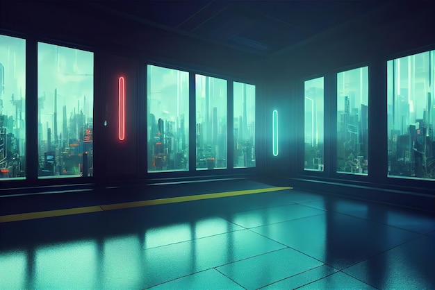 Interior doméstico em contornos de luz de fundo neon estilo anime Vista da janela na cidade cyberpunk