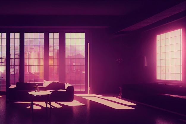 Interior doméstico em contornos de luz de fundo neon estilo anime Vista da janela na cidade cyberpunk